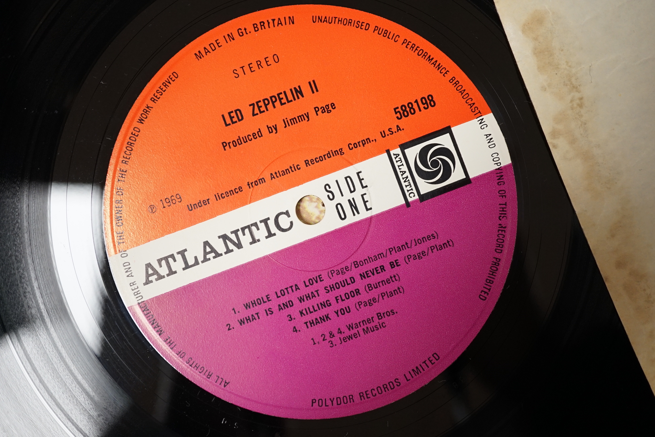 Two Led Zeppelin, LP record albums; Led Zeppelin II, on red and maroon Atlantic label, (588198), and Led Zeppelin III, on red and maroon Atlantic label, (2401–002)